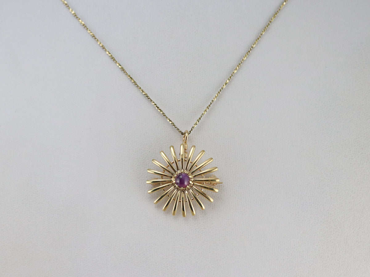 Pink Star Sapphire Sunburst Pin or Pendant