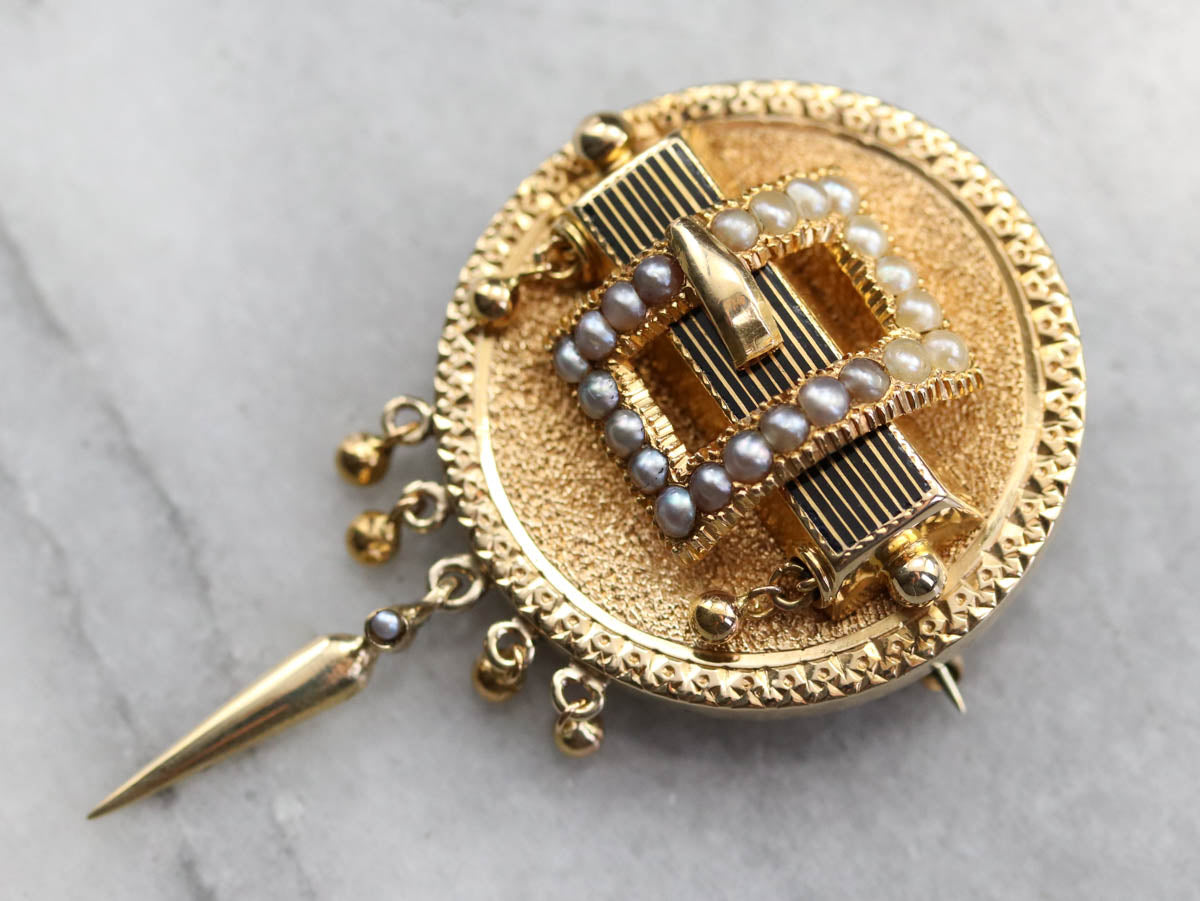 Seed Pearl Gold Medallion Brooch