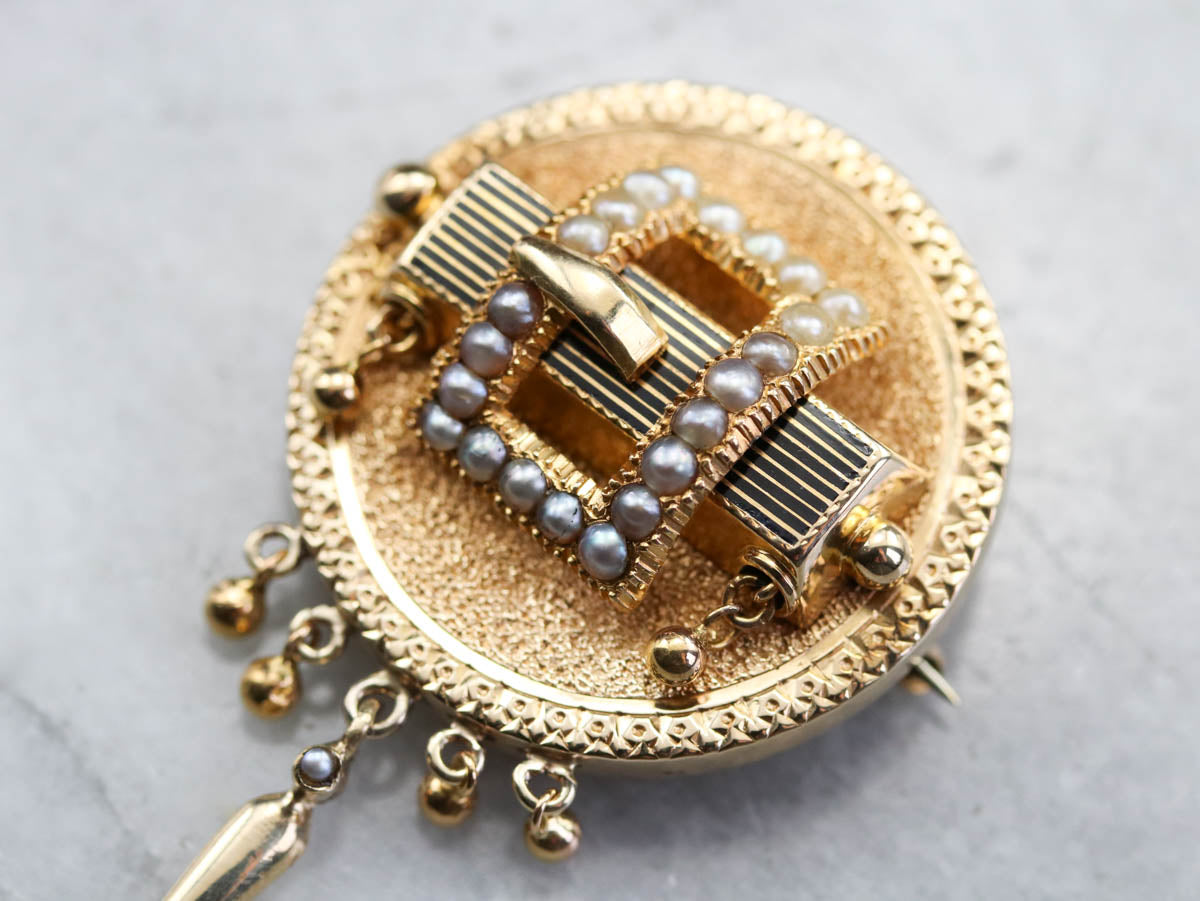 Seed Pearl Gold Medallion Brooch