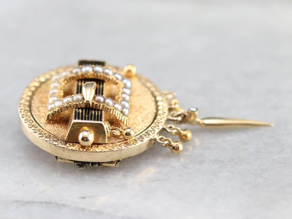 Seed Pearl Gold Medallion Brooch