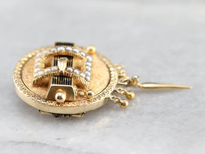 Seed Pearl Gold Medallion Brooch