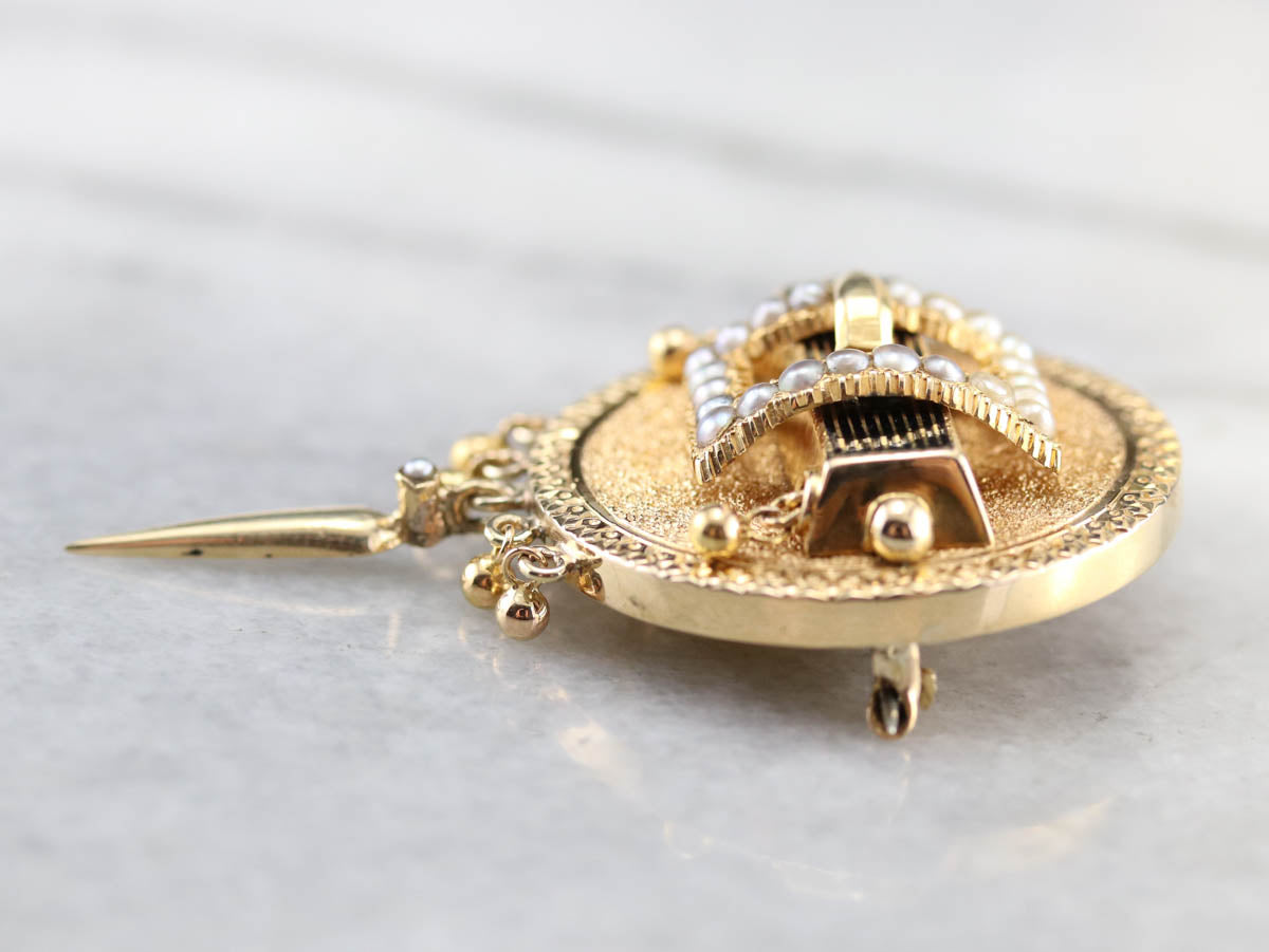 Seed Pearl Gold Medallion Brooch