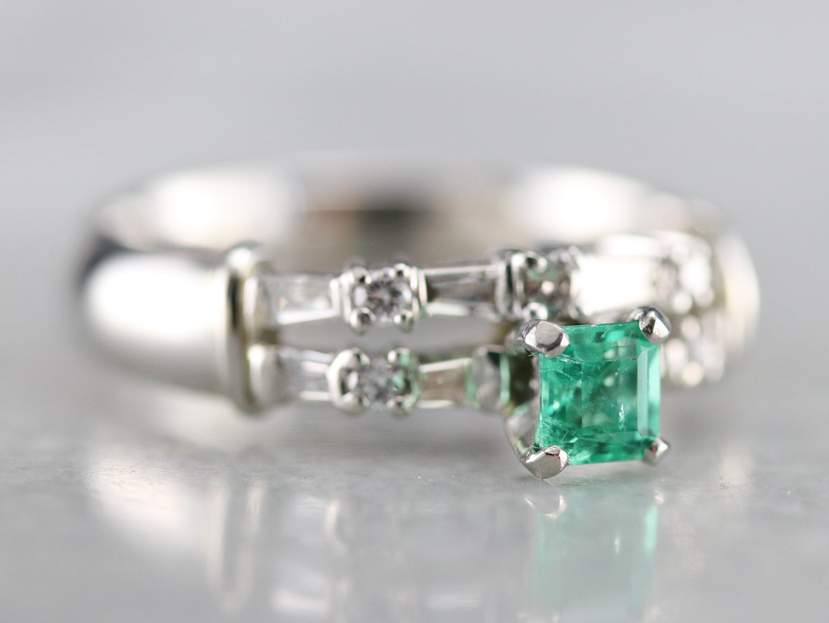 Emerald Diamond Double Band Engagement Ring