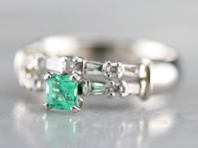 Emerald Diamond Double Band Engagement Ring