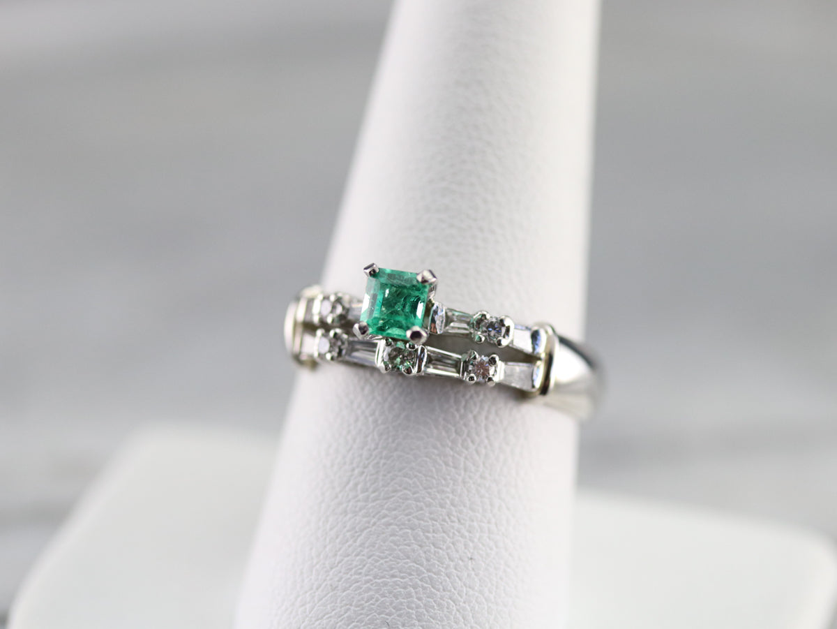 Emerald Diamond Double Band Engagement Ring