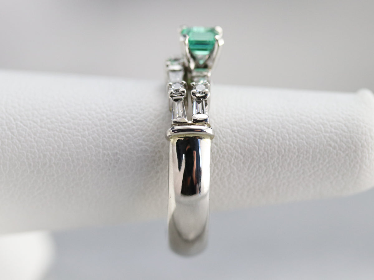 Emerald Diamond Double Band Engagement Ring