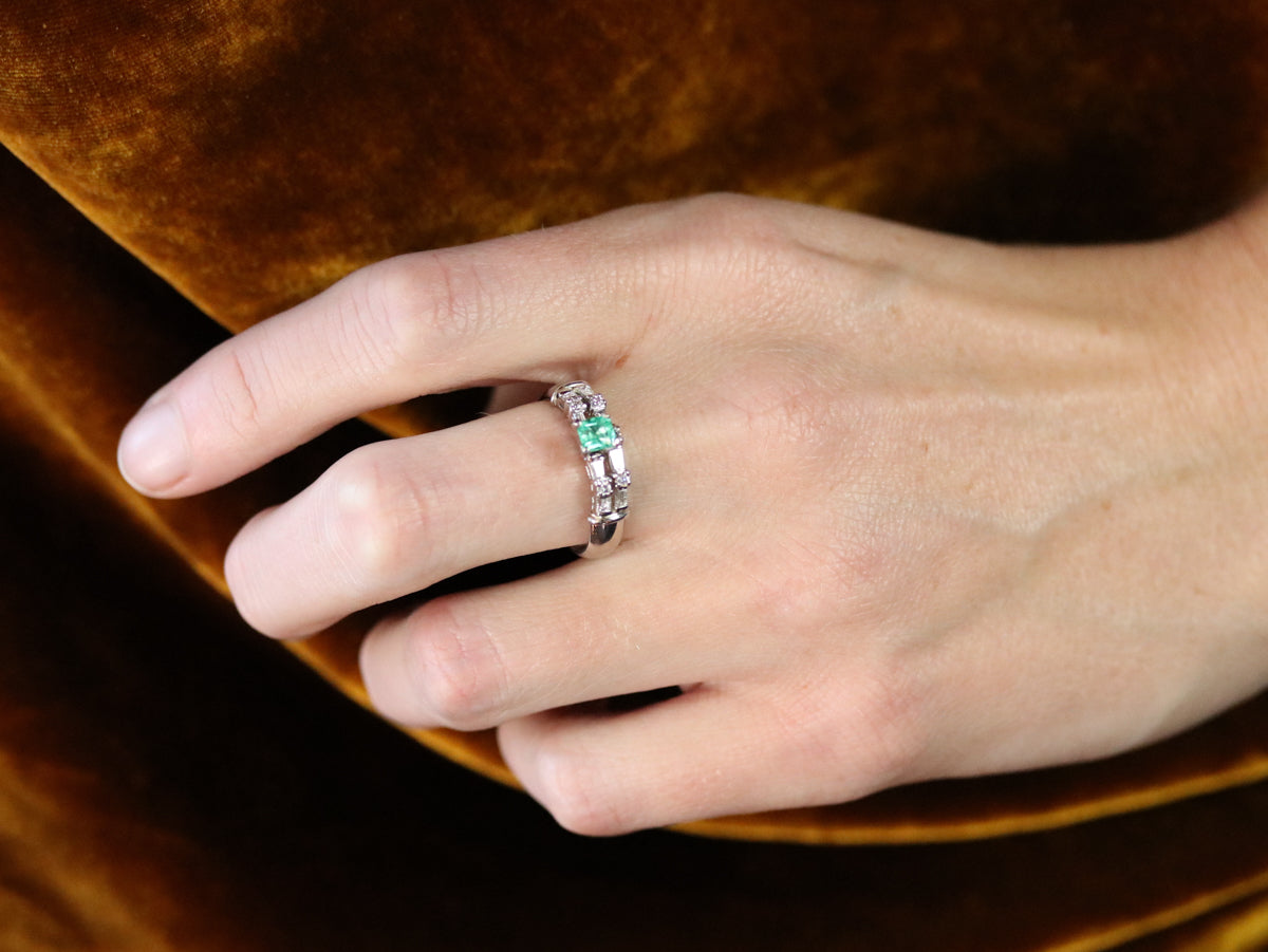 Emerald Diamond Double Band Engagement Ring