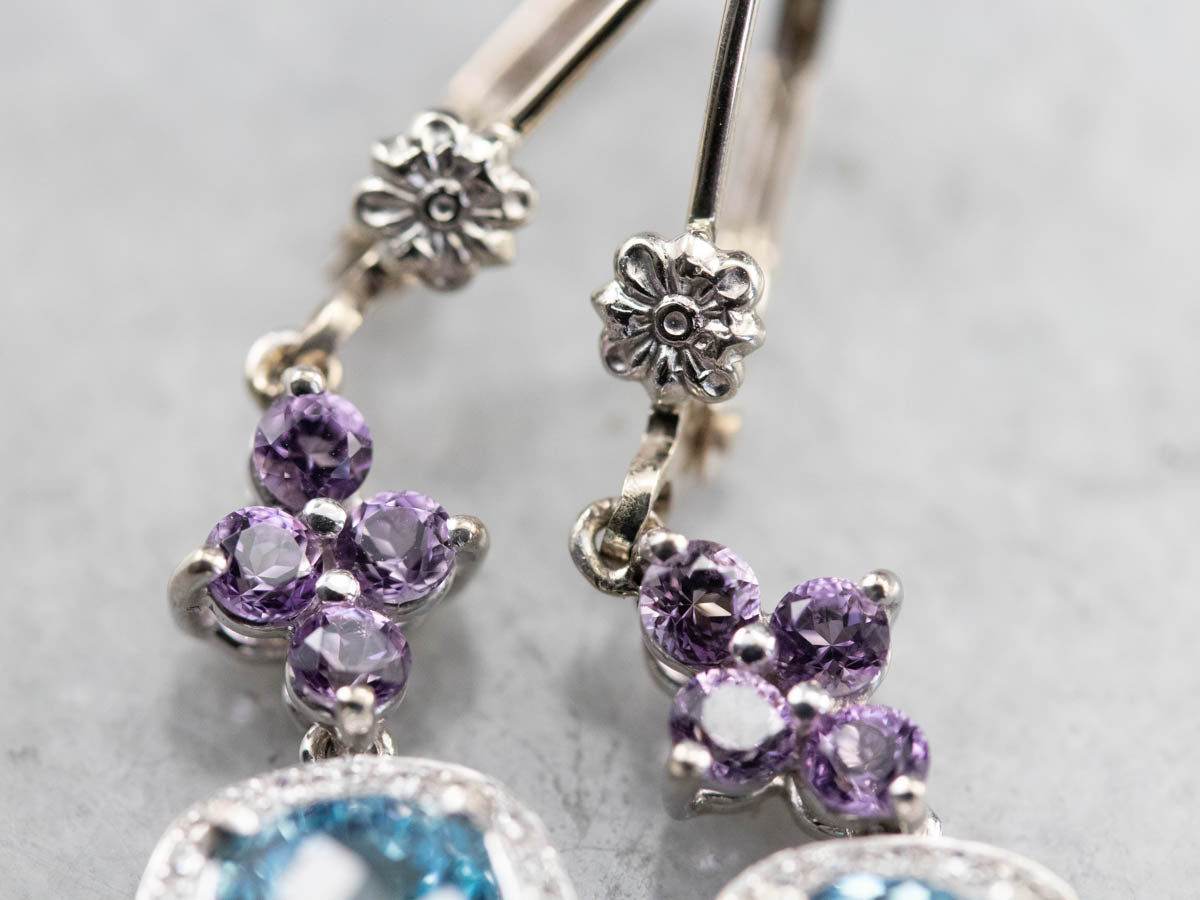 Blue Topaz Amethyst and Diamond Drop Earrings