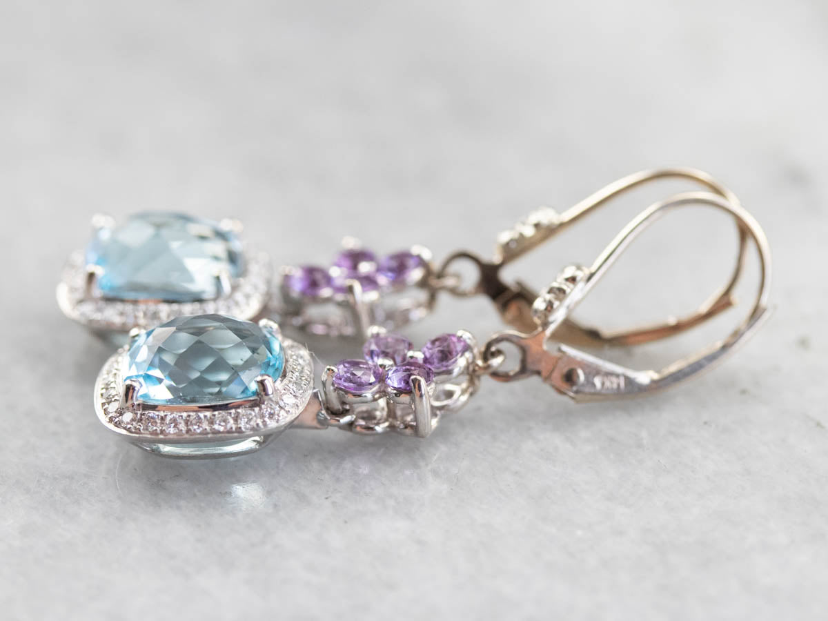 Blue Topaz Amethyst and Diamond Drop Earrings