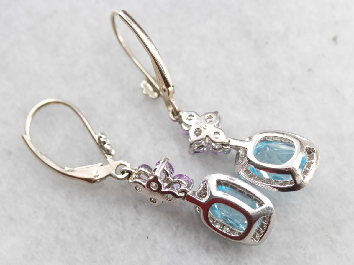 Blue Topaz Amethyst and Diamond Drop Earrings