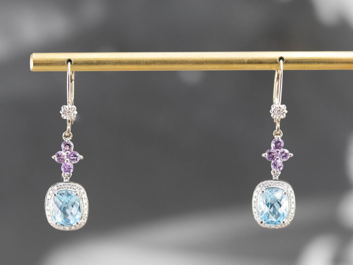 Blue Topaz Amethyst and Diamond Drop Earrings