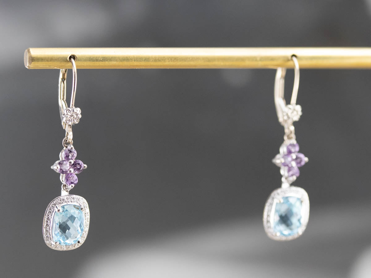 Blue Topaz Amethyst and Diamond Drop Earrings