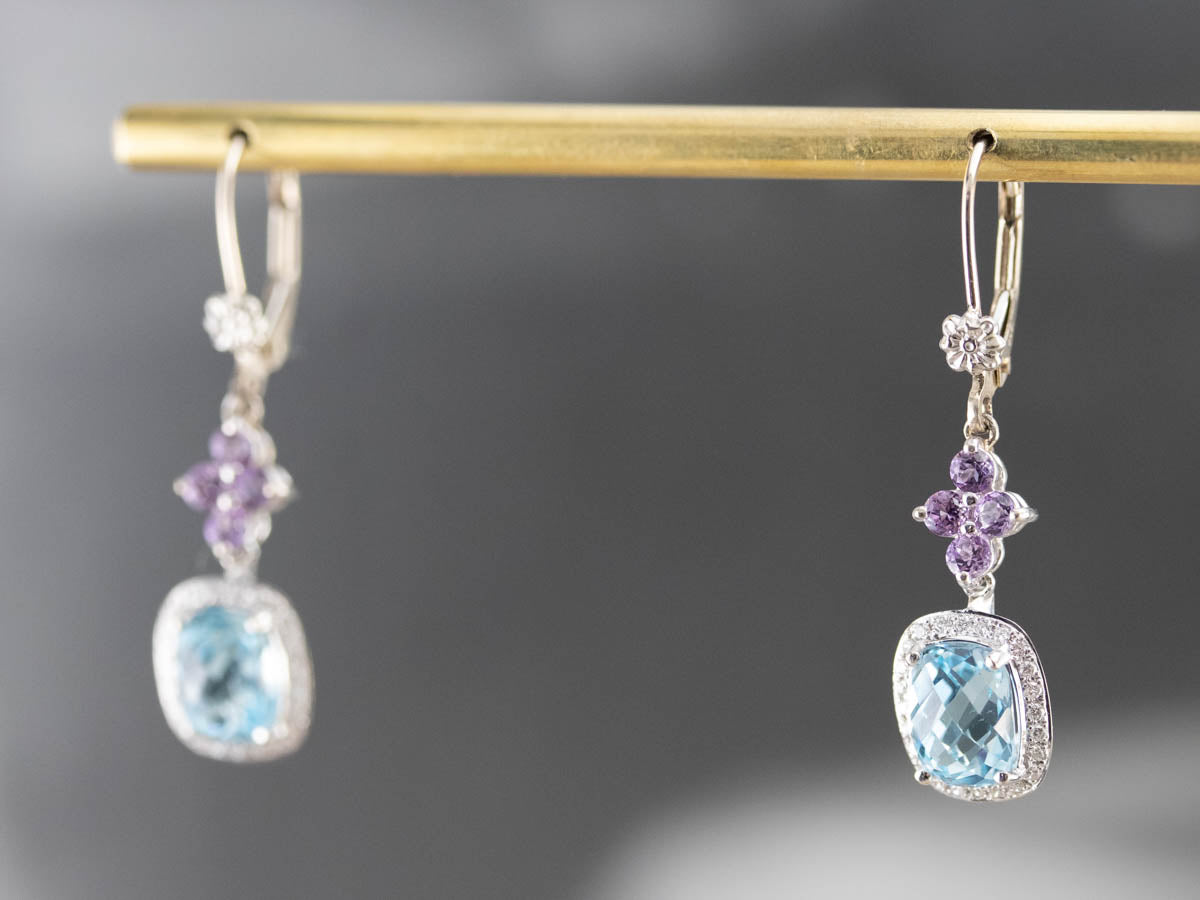 Blue Topaz Amethyst and Diamond Drop Earrings