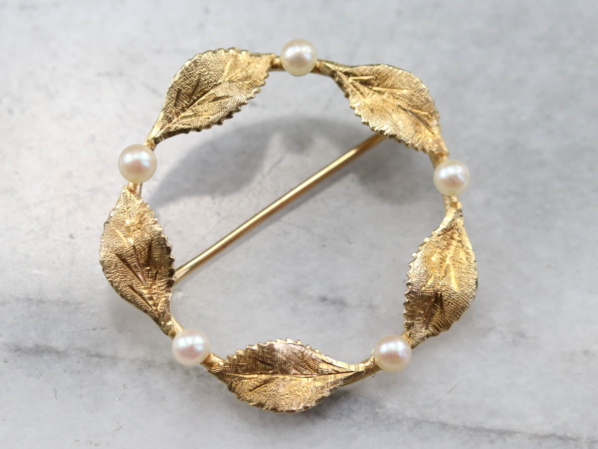 Pearl and Gold Leaf Circle Pin
