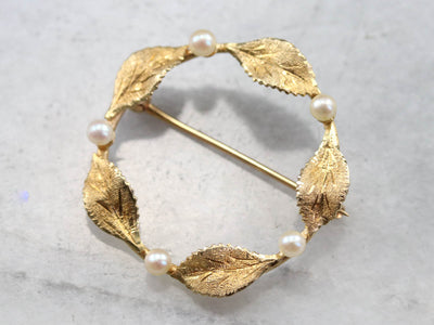 Pearl and Gold Leaf Circle Pin