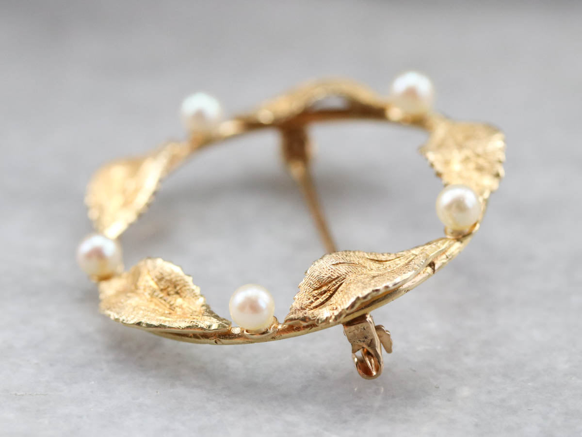 Pearl and Gold Leaf Circle Pin