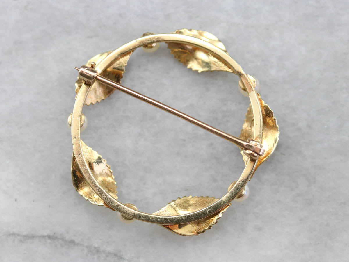 Pearl and Gold Leaf Circle Pin