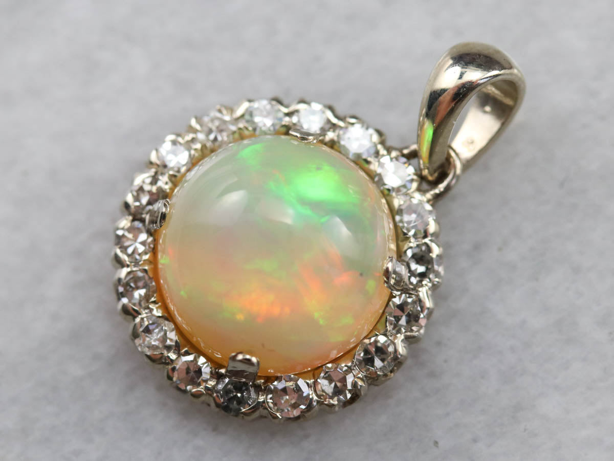 Fiery Opal Diamond Halo Pendant