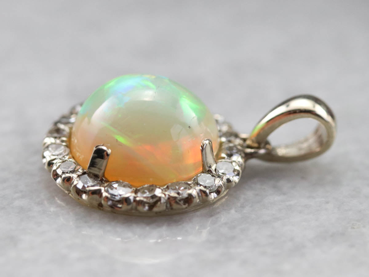 Fiery Opal Diamond Halo Pendant