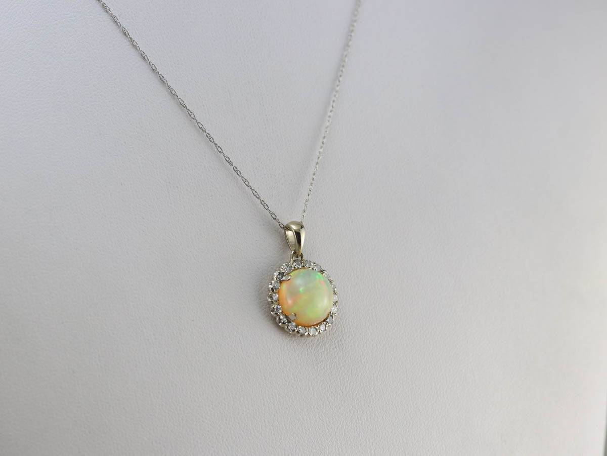 Fiery Opal Diamond Halo Pendant