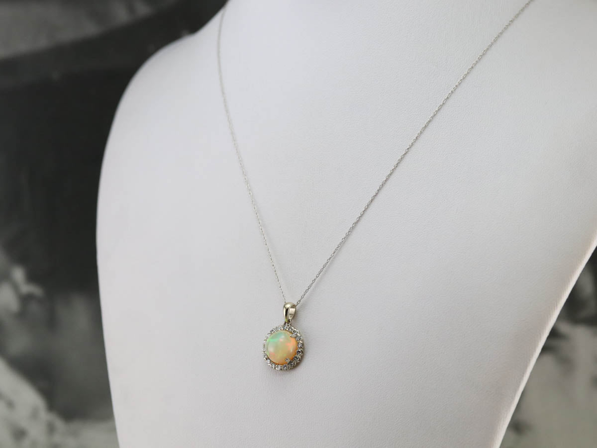 Fiery Opal Diamond Halo Pendant