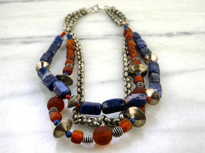 Sodalite and Glass Beaded Antique Silver Chain Necklace