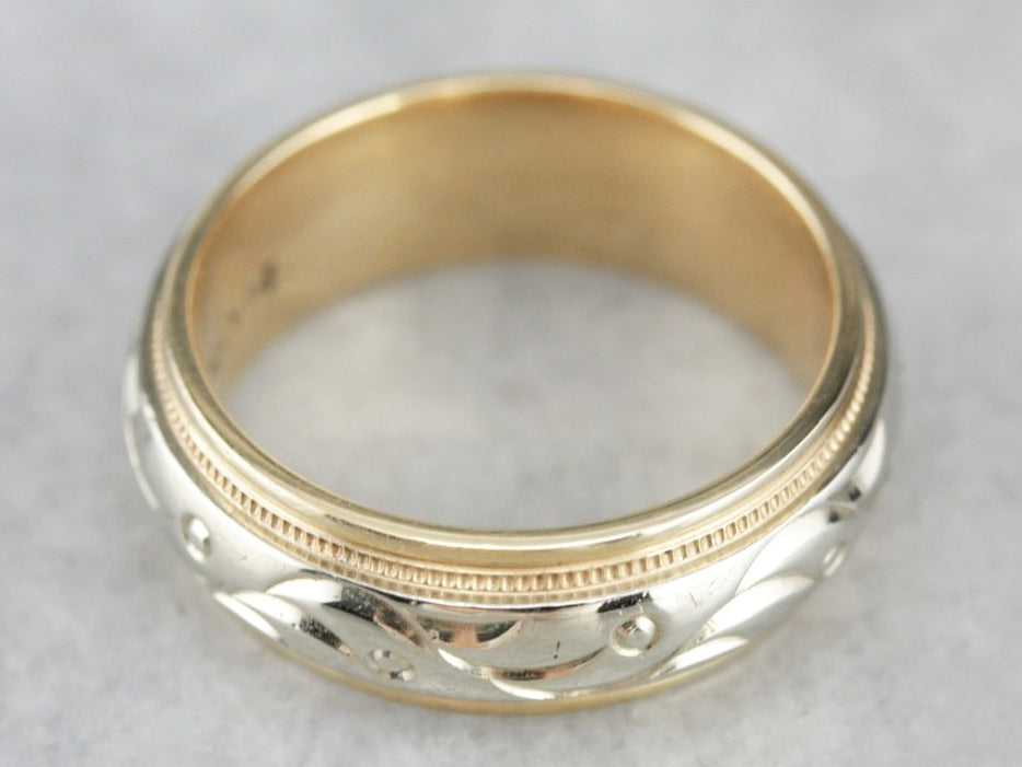 Yellow and White Gold Patterned Wedding Band