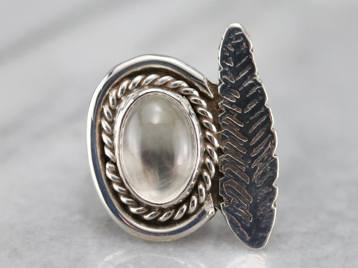 Silver Feather Moonstone Ring