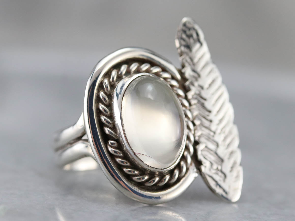 Silver Feather Moonstone Ring
