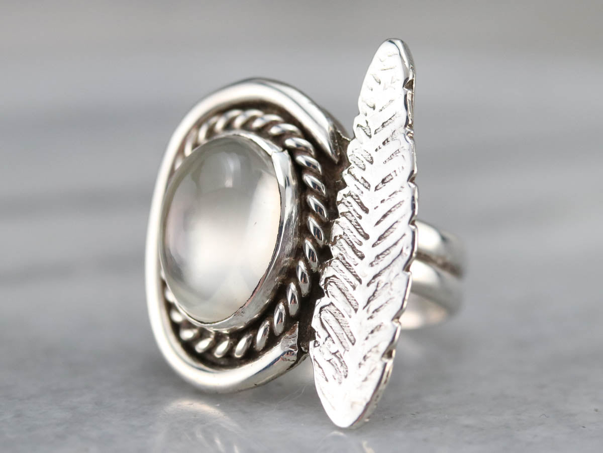 Silver Feather Moonstone Ring