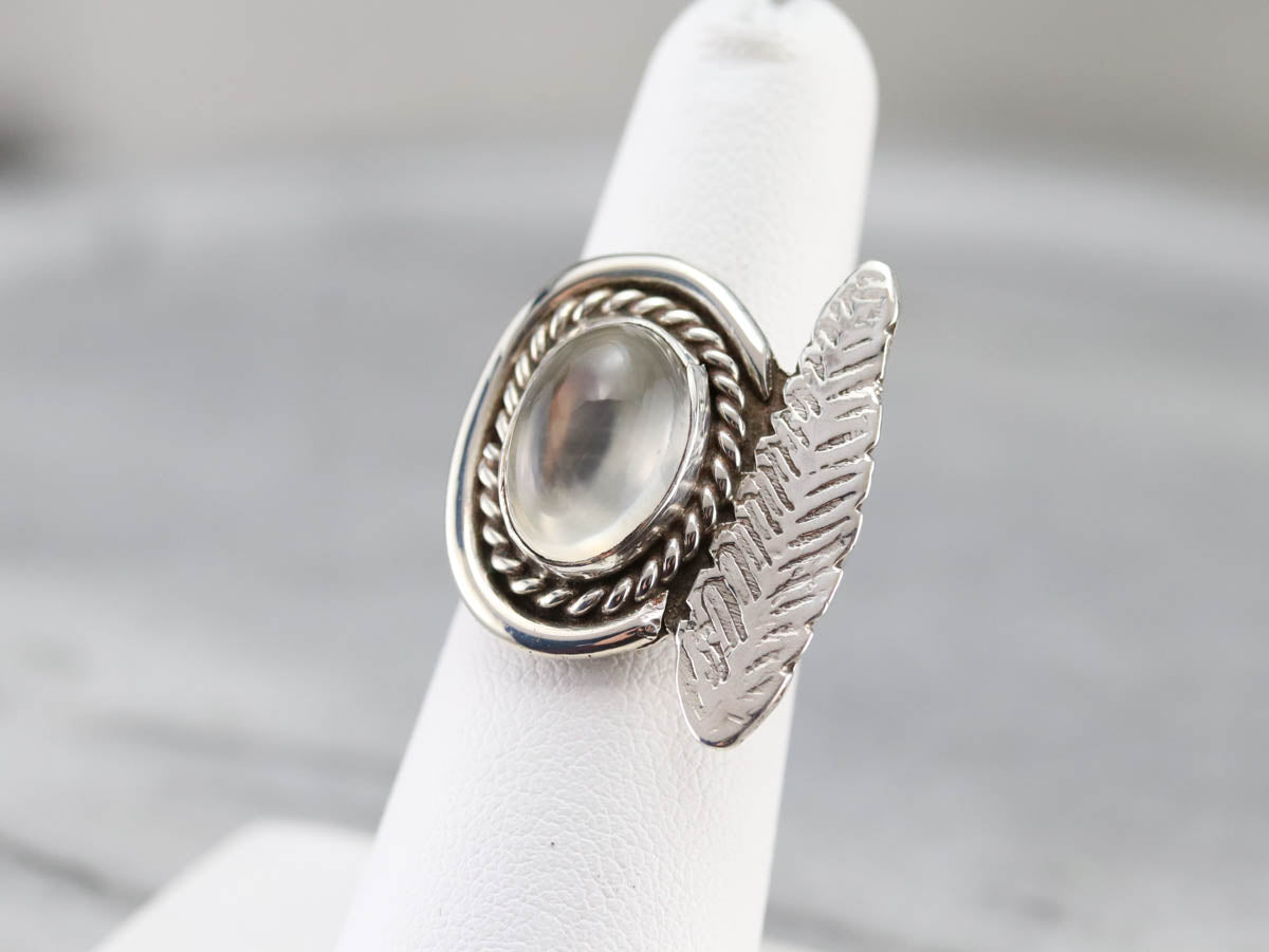 Silver Feather Moonstone Ring