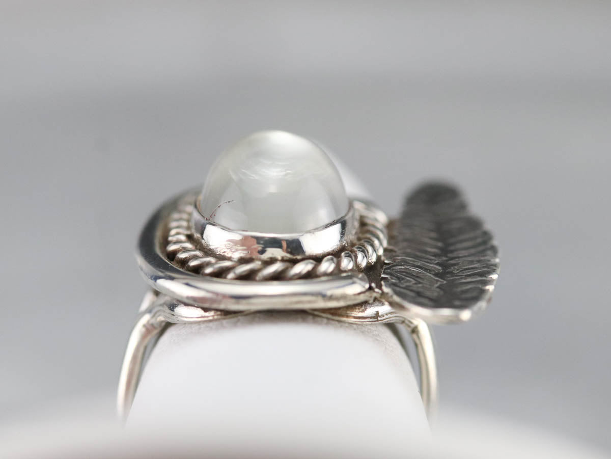 Silver Feather Moonstone Ring