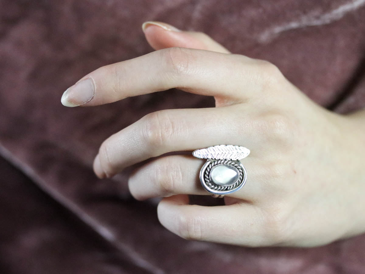Silver Feather Moonstone Ring