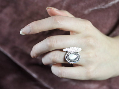 Silver Feather Moonstone Ring
