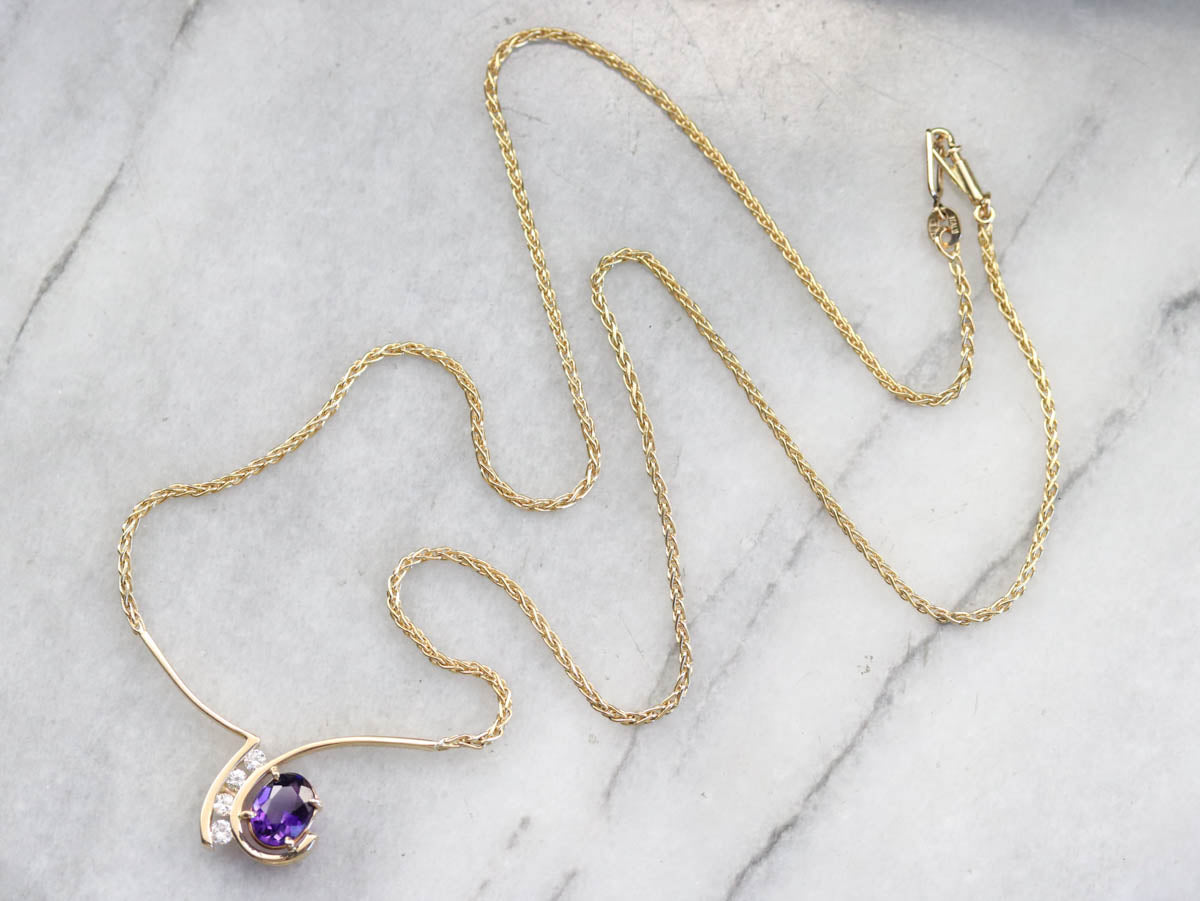 Modernist Amethyst Diamond Gold Necklace