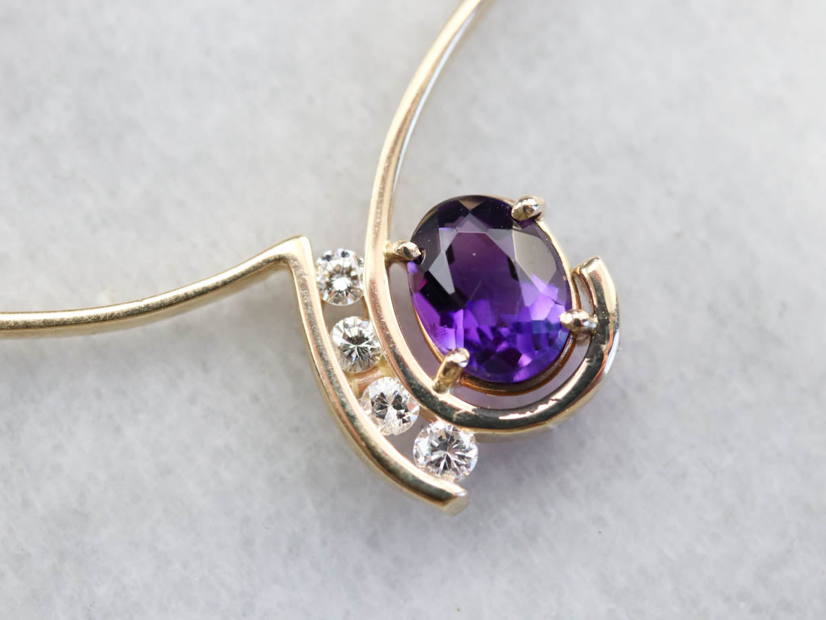 Modernist Amethyst Diamond Gold Necklace