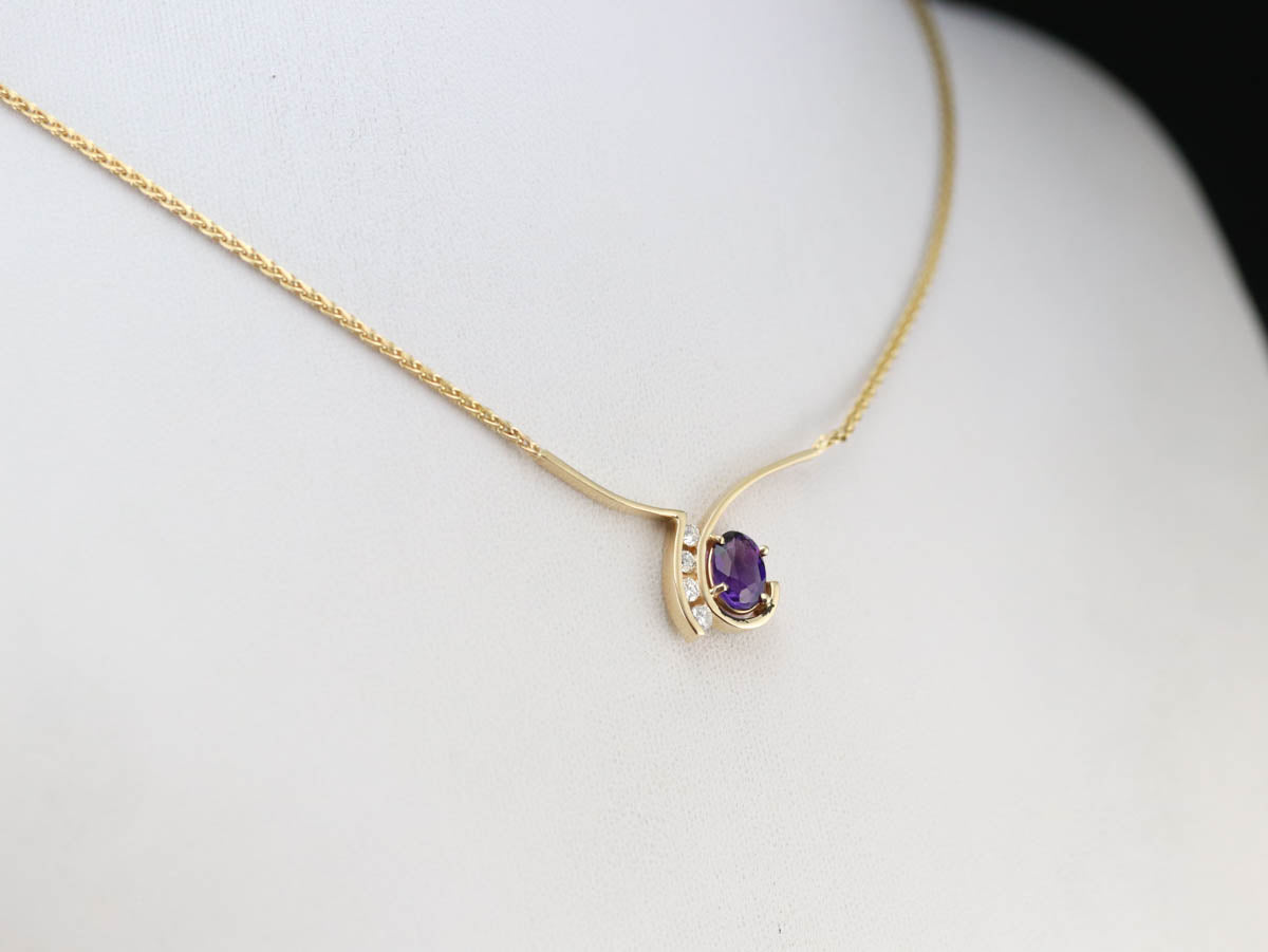 Modernist Amethyst Diamond Gold Necklace