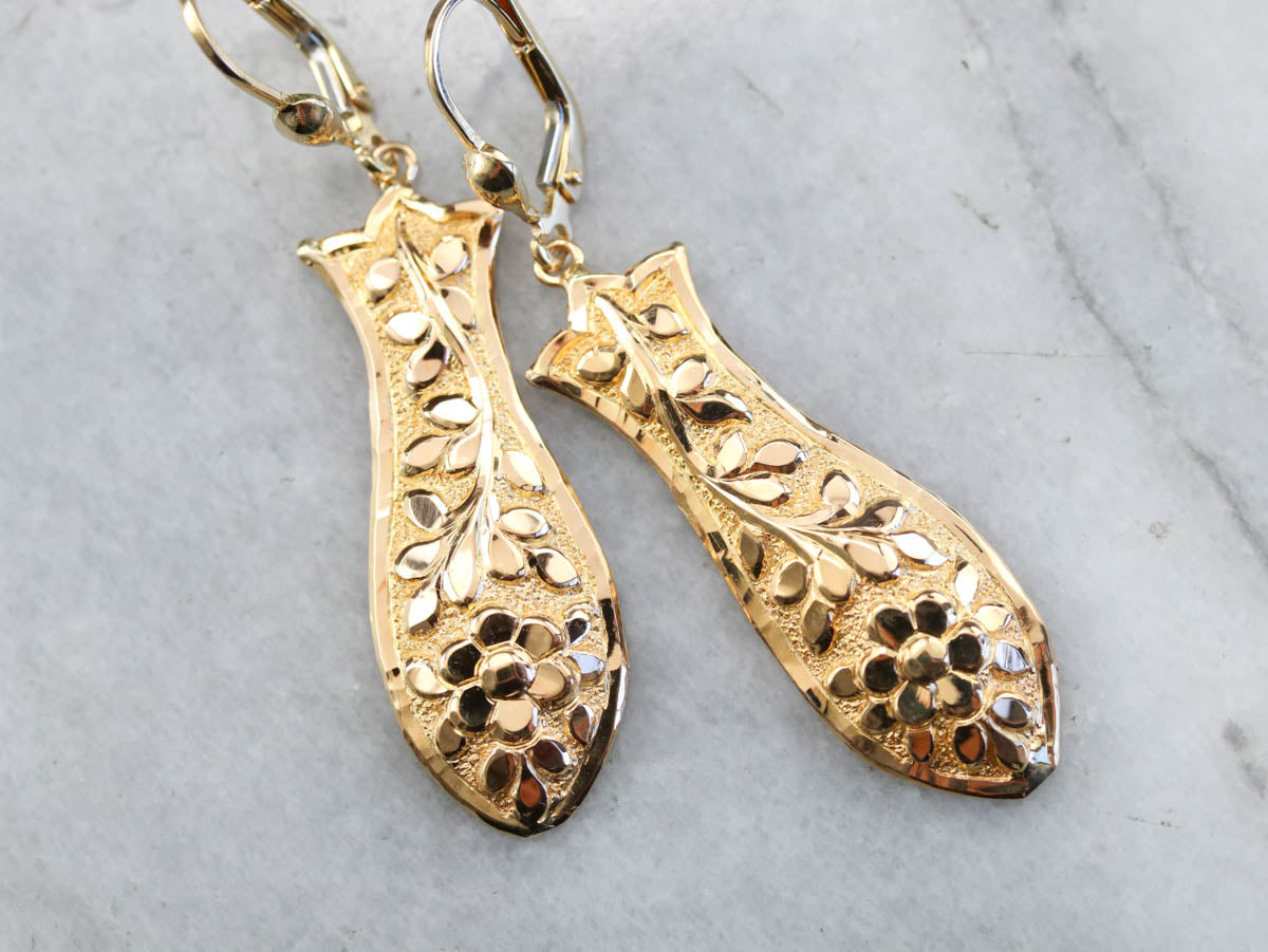 Vintage Yellow Gold Floral Drop Earrings