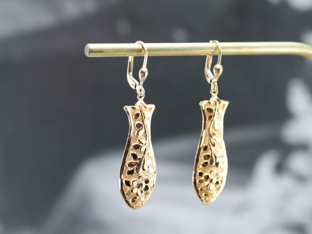 Vintage Yellow Gold Floral Drop Earrings