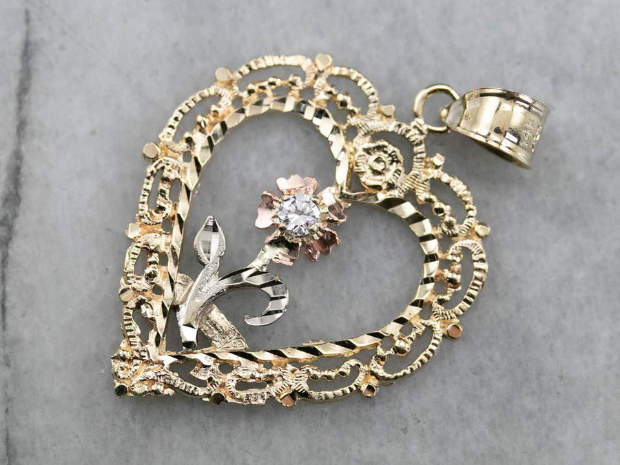 Diamond Floral Gold Heart Pendant