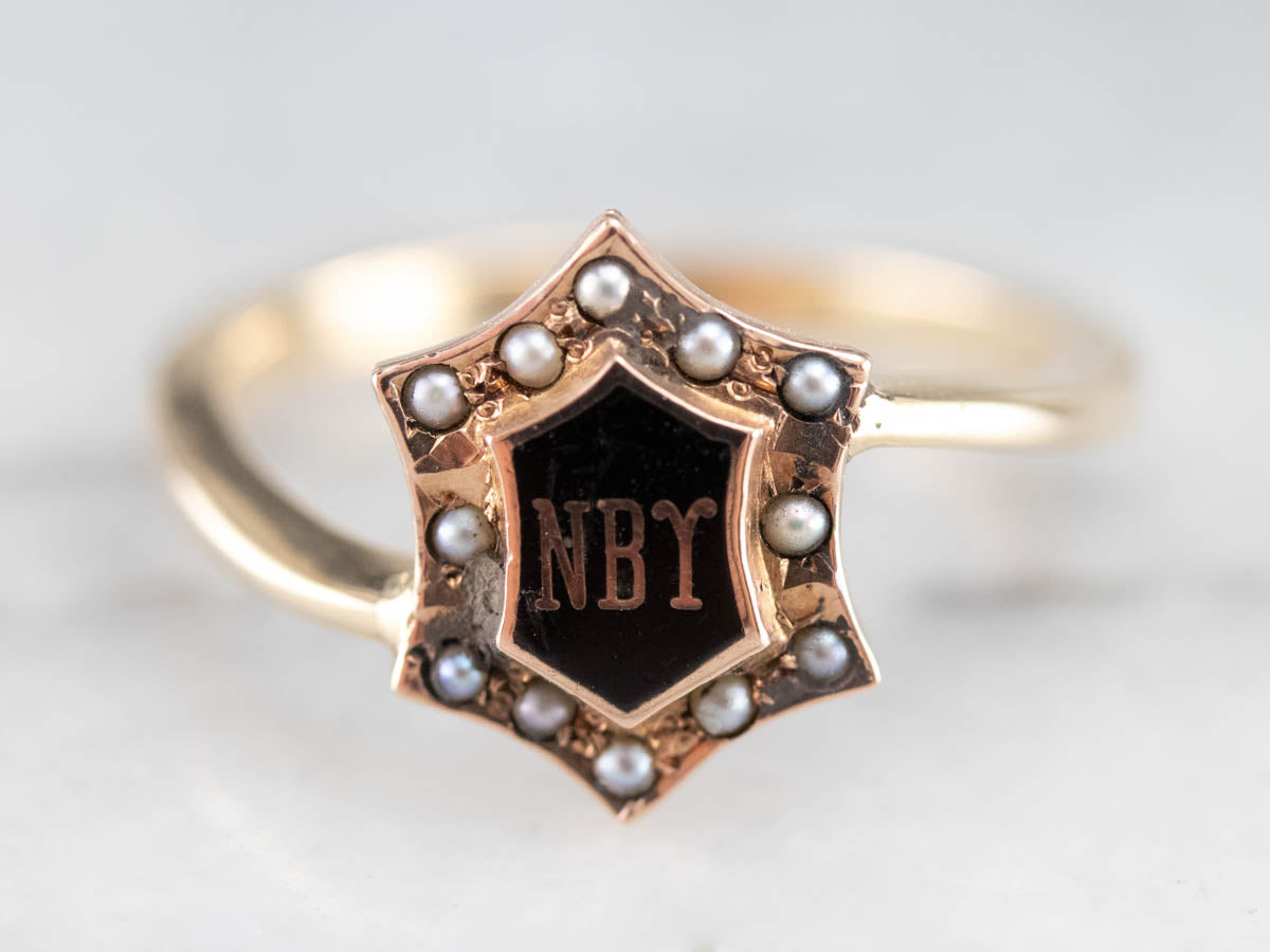 Antique NBY Enamel and Seed Pearl Ring