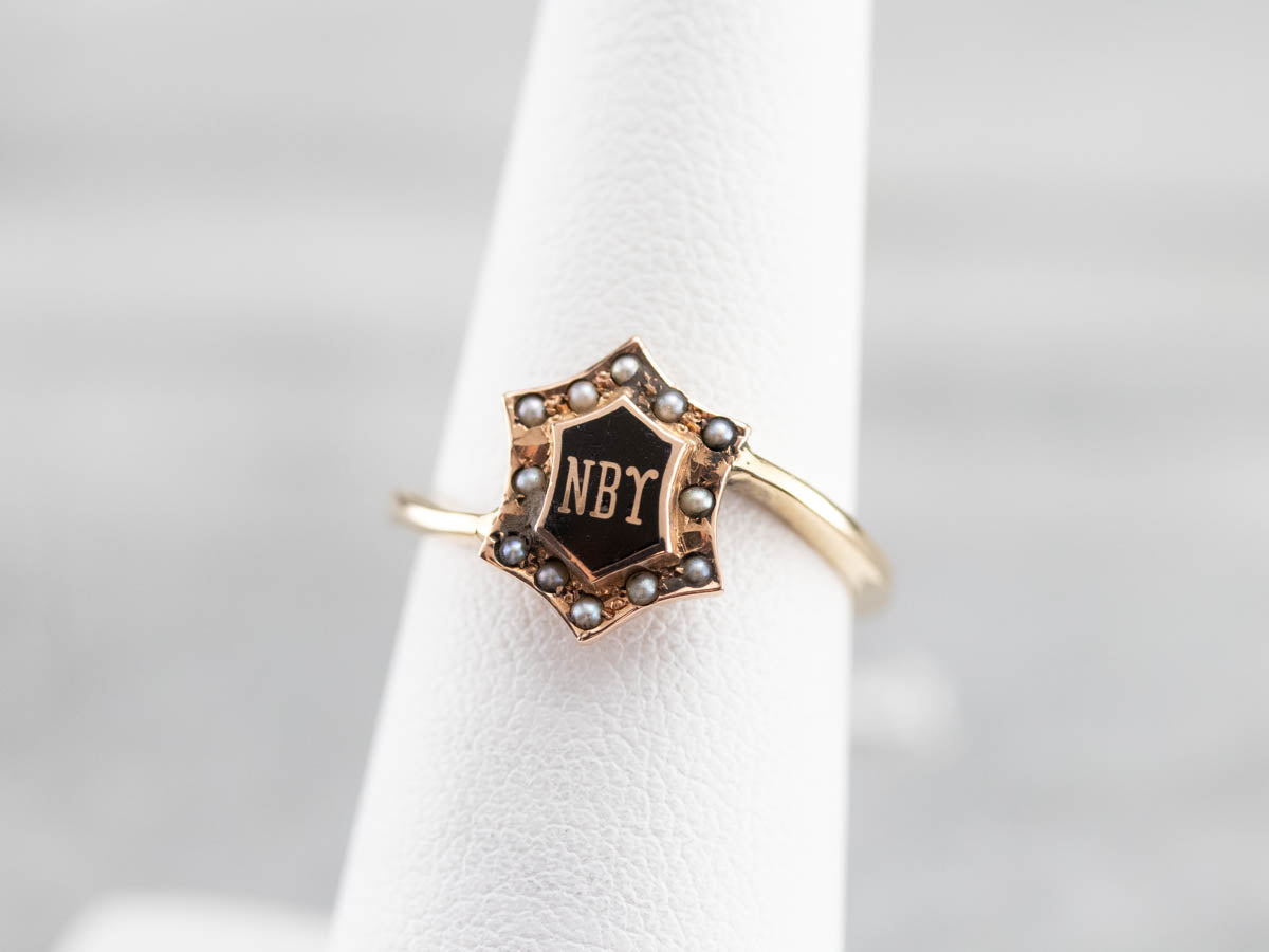 Antique NBY Enamel and Seed Pearl Ring