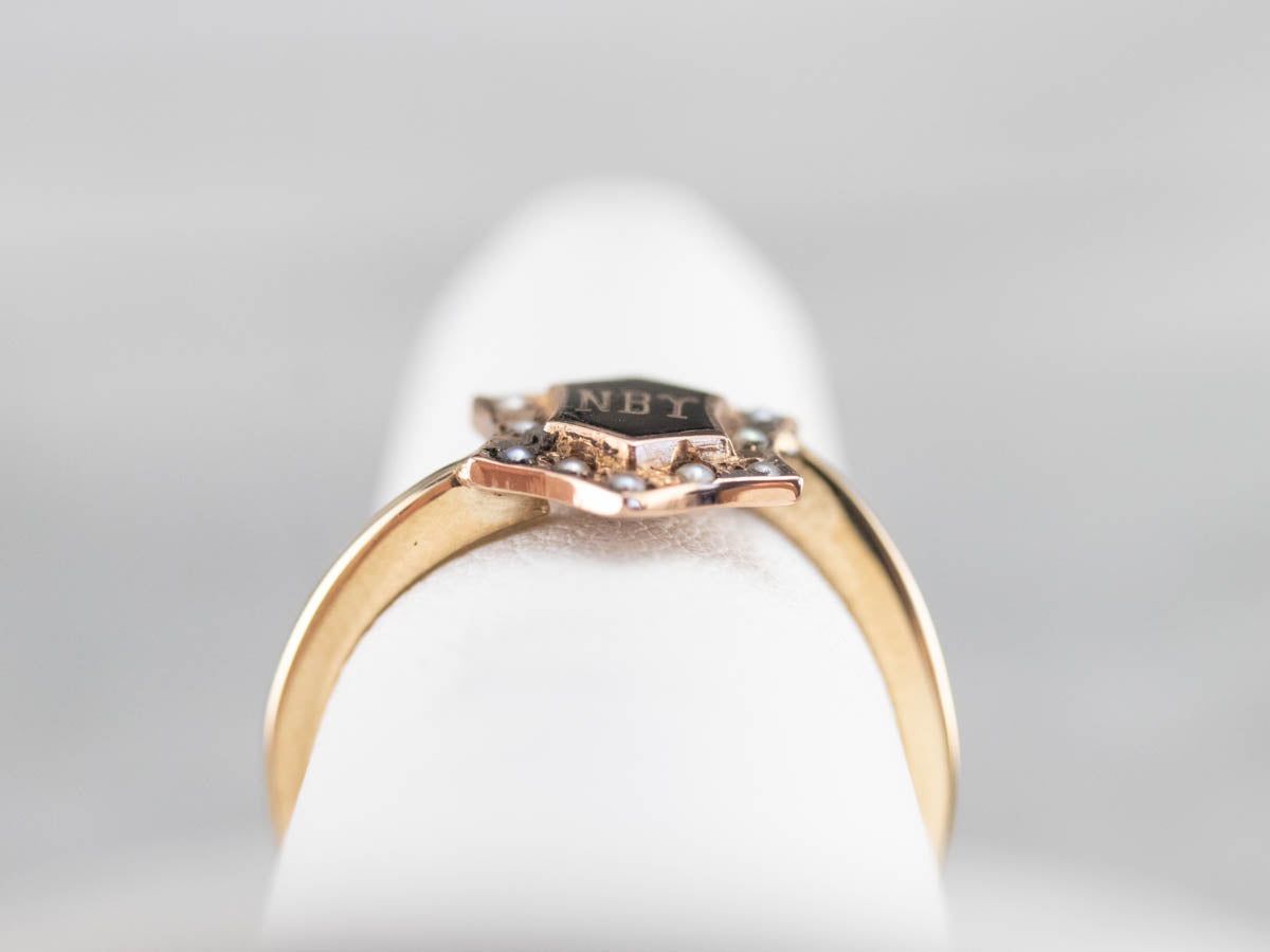 Antique NBY Enamel and Seed Pearl Ring