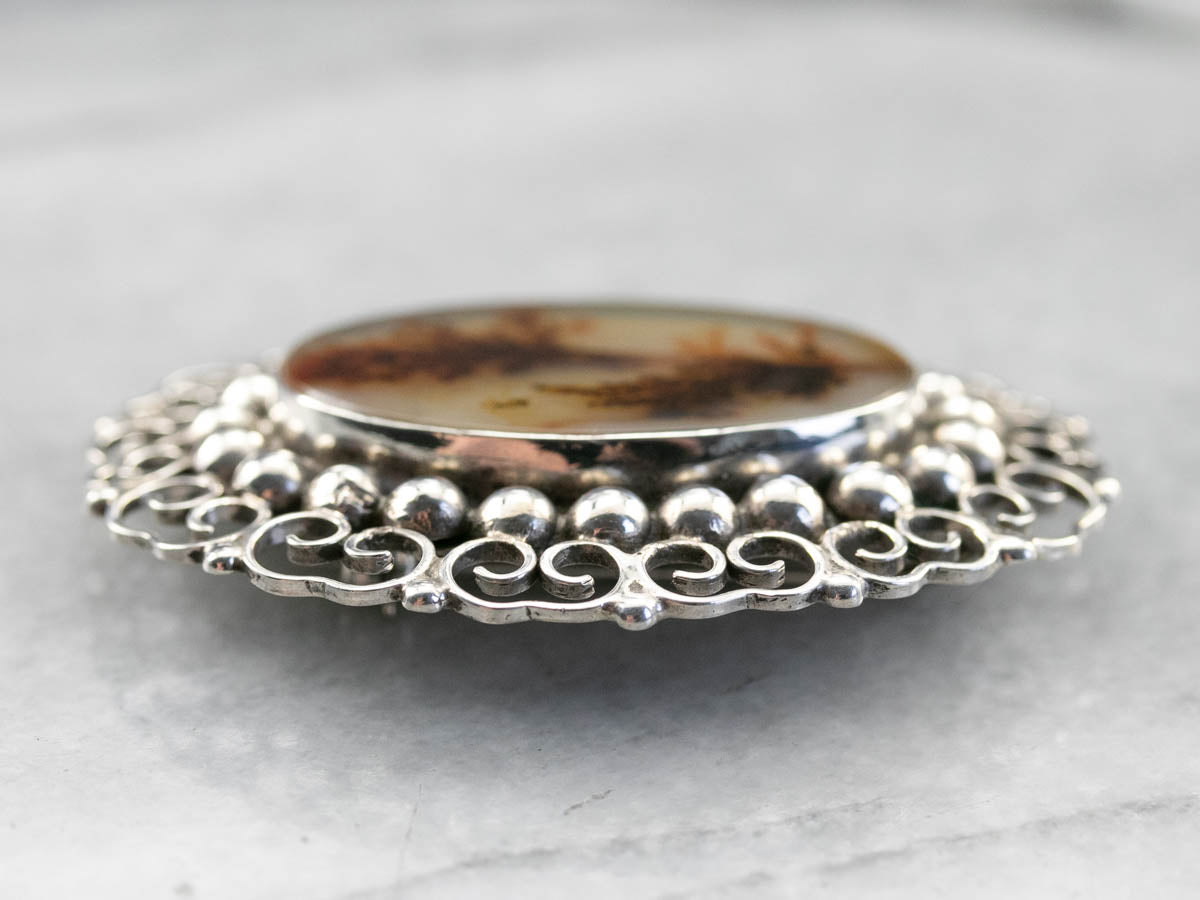 Pin de ágata dendrítica de plata de ley