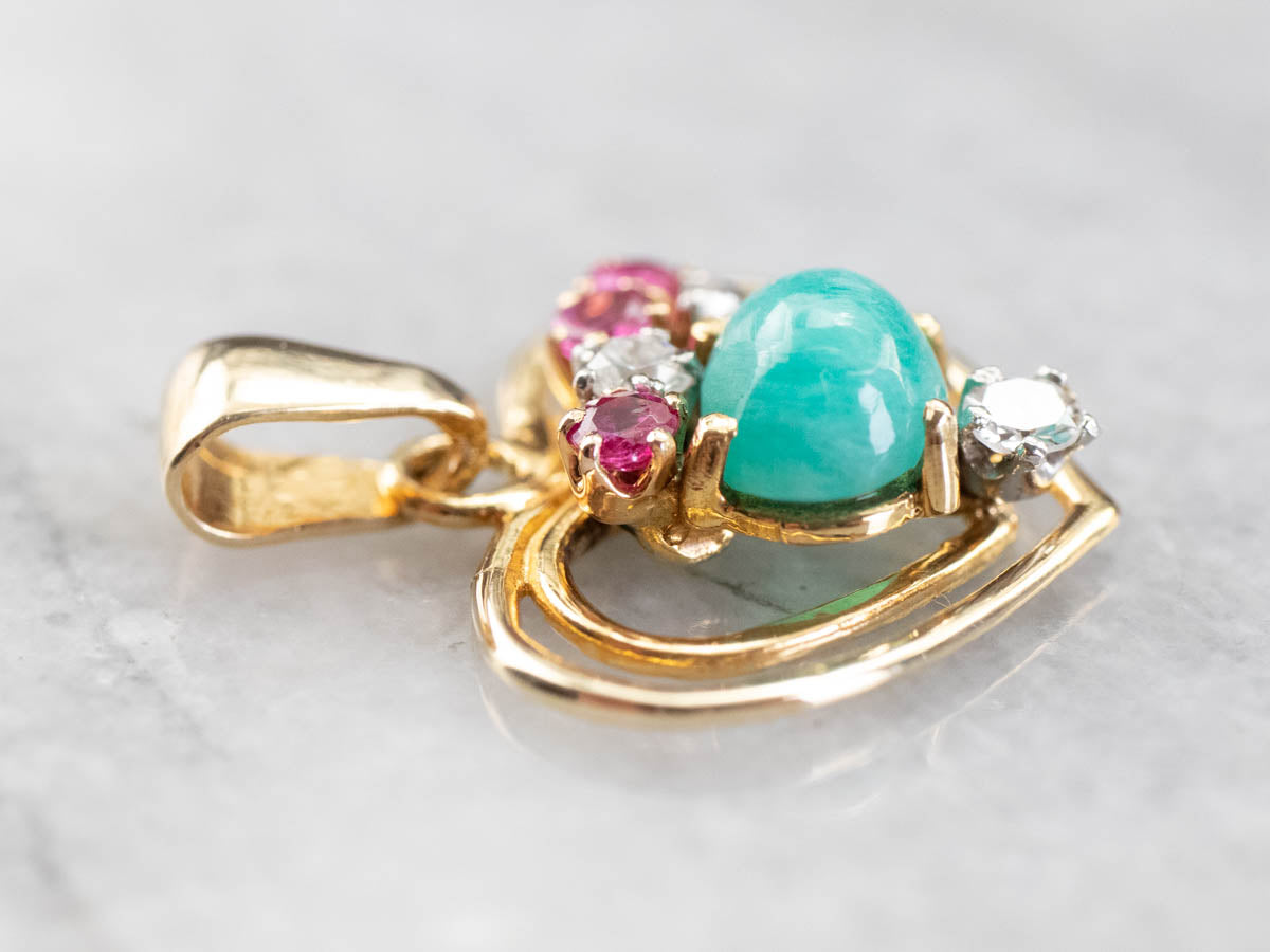 Amazonite Diamond Ruby Heart Gold Pendant