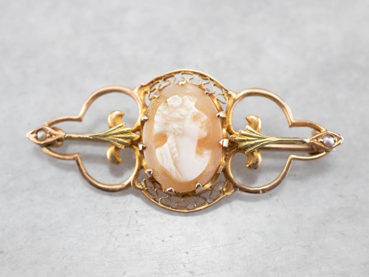 Art Nouveau Cameo Gold Filigree Brooch