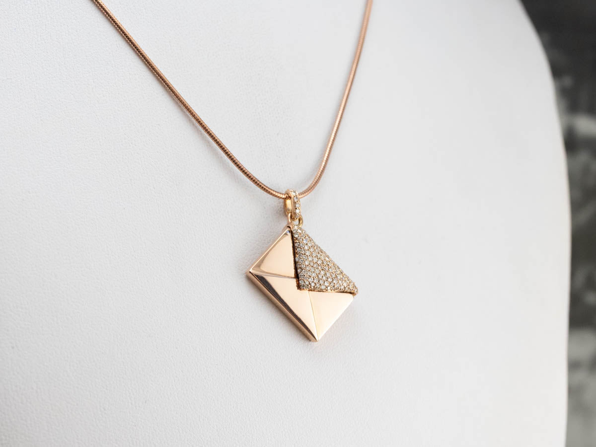 Diamond Encrusted Rose Gold Envelope Pendant