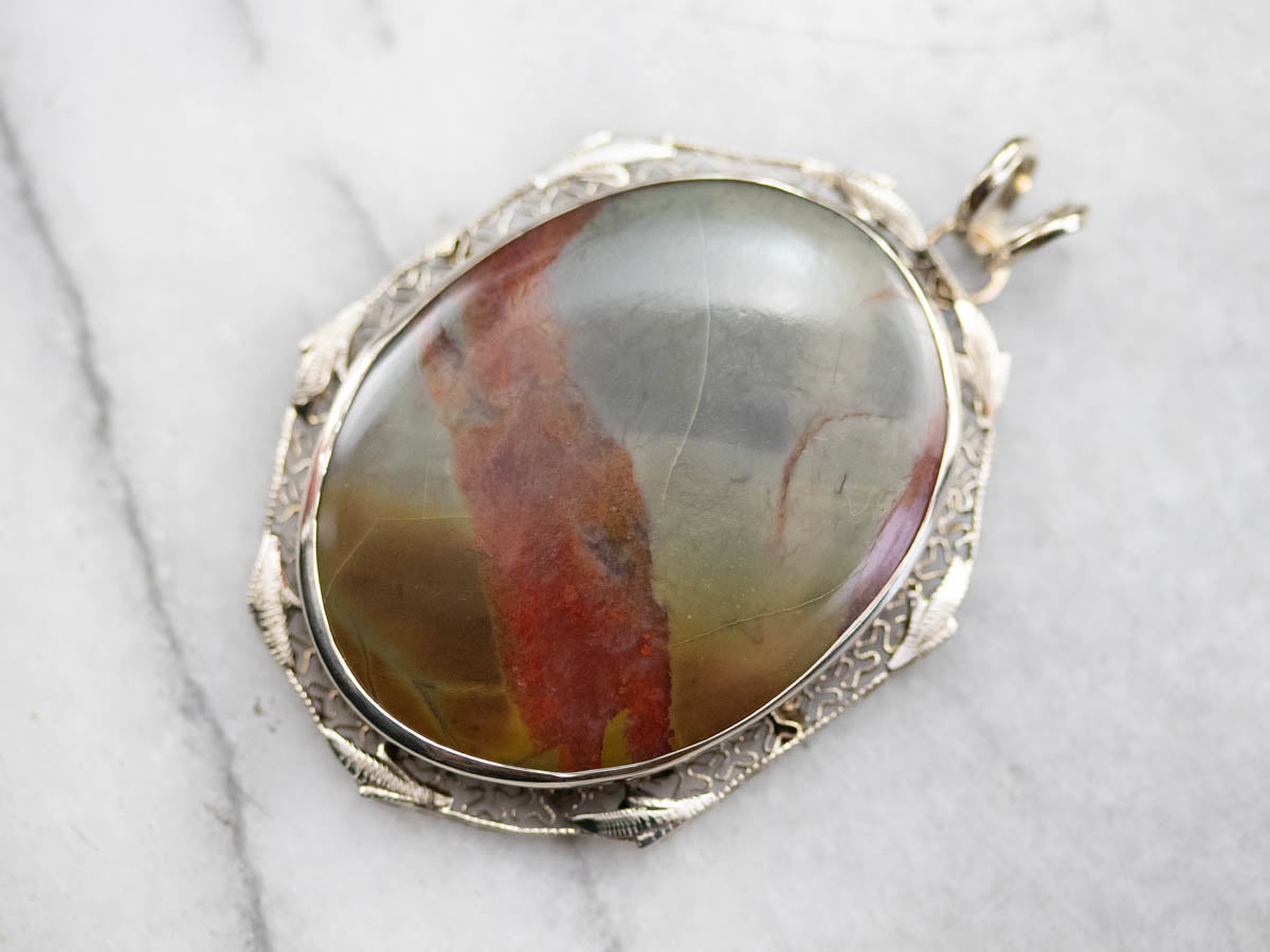 Earthy Jasper White Gold Filigree Pendant