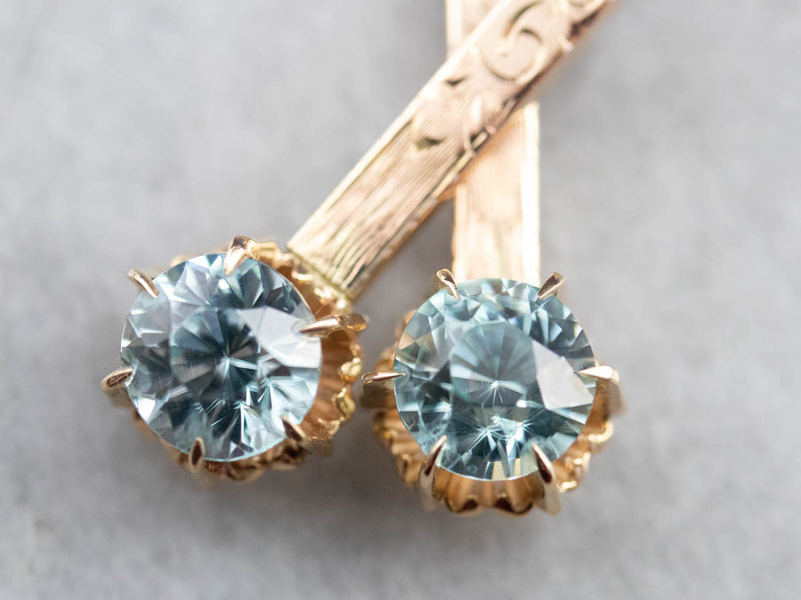 Blue Zircon Ornate Gold Bar Drop Earrings