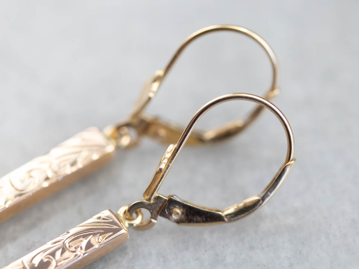 Blue Zircon Ornate Gold Bar Drop Earrings